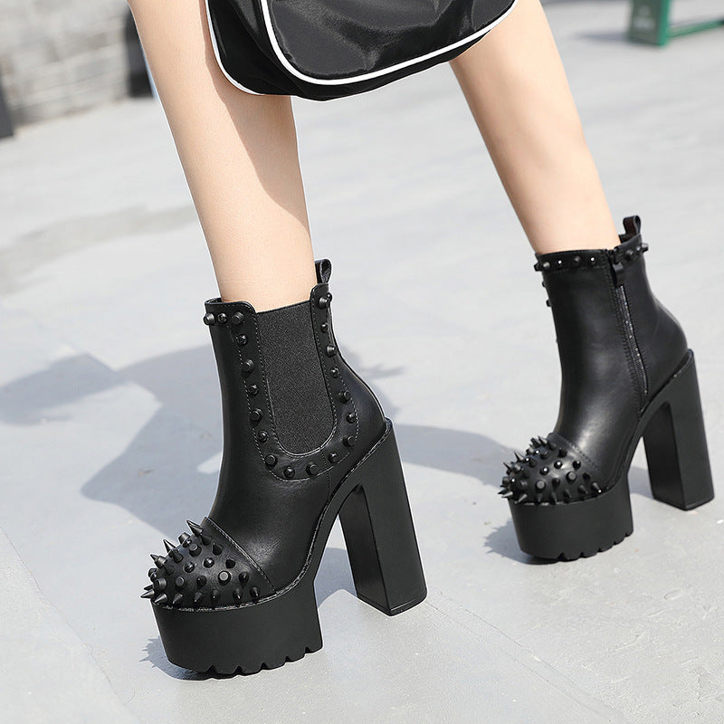 Ladies black platform rivet thick heel boots