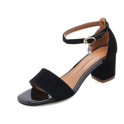 Open-toe women's shoes with thick leather heel