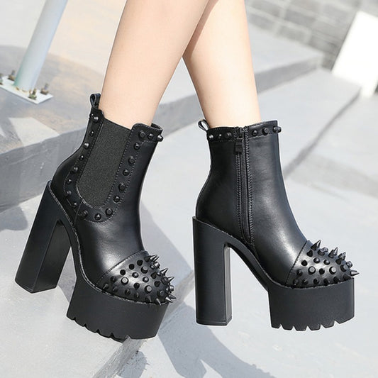 Ladies black platform rivet thick heel boots