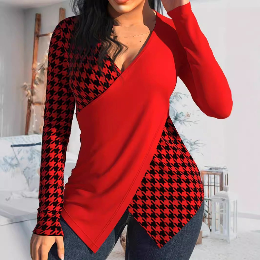 Women's Printed V-neck Stitching Long Sleeve T-shirt Top