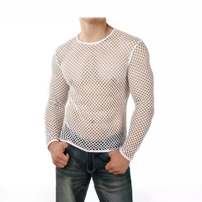 Men's Personality Coquettish Hollow Mesh Street Fashion Sheer Long Sleeve Shirt