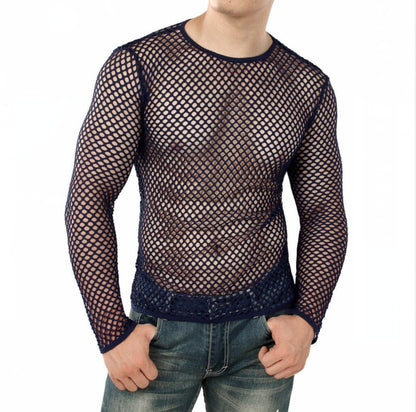 Men's Personality Coquettish Hollow Mesh Street Fashion Sheer Long Sleeve Shirt