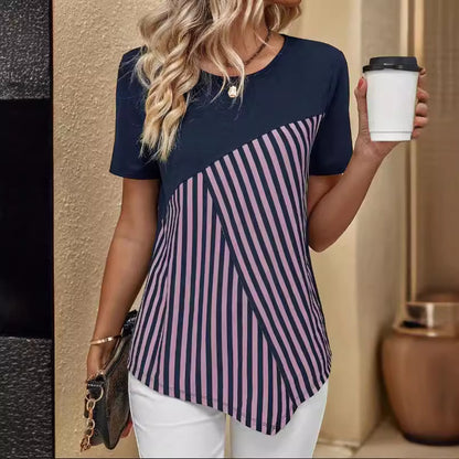 Women's Color Matching Striped Printed Short Sleeve Crew Neck Casual T-shirt