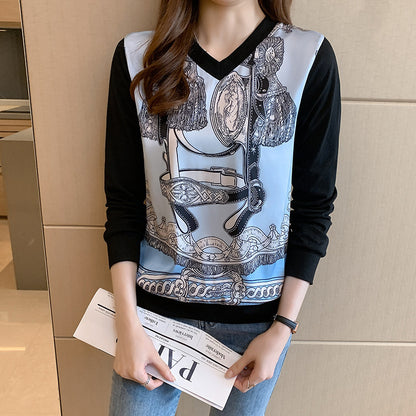 Patchwork Sweater Printed T-shirt Long Sleeve Pullover