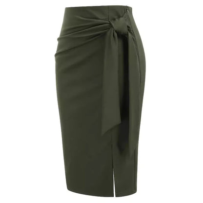 Solid Color High Waist Bow Knee-length Slit Skirt