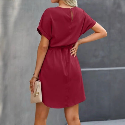 Lace-up Waist Short Sleeve Satin Dress