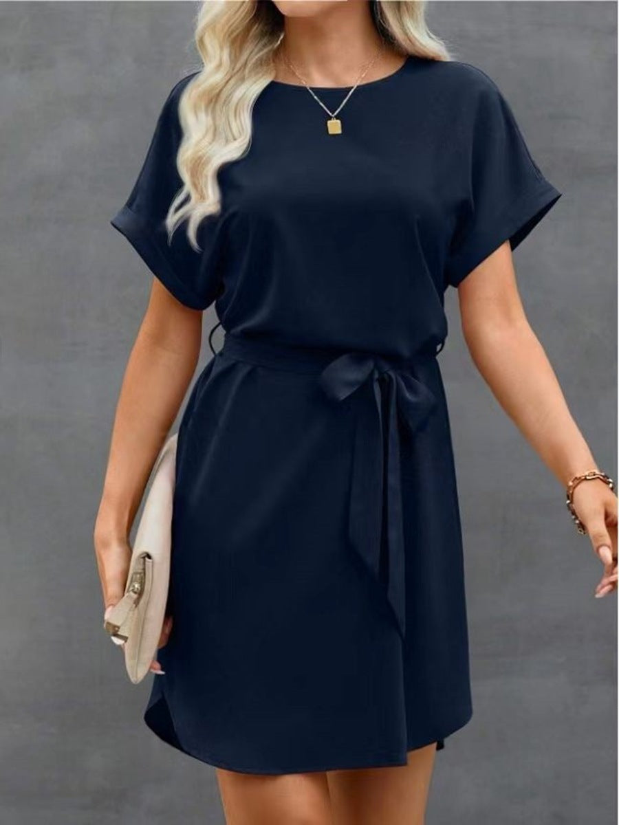 Lace-up Waist Short Sleeve Satin Dress