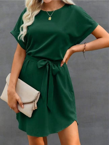 Lace-up Waist Short Sleeve Satin Dress