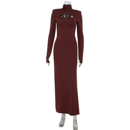 Temperament High Collar Long Sleeve Hollow Split Dress