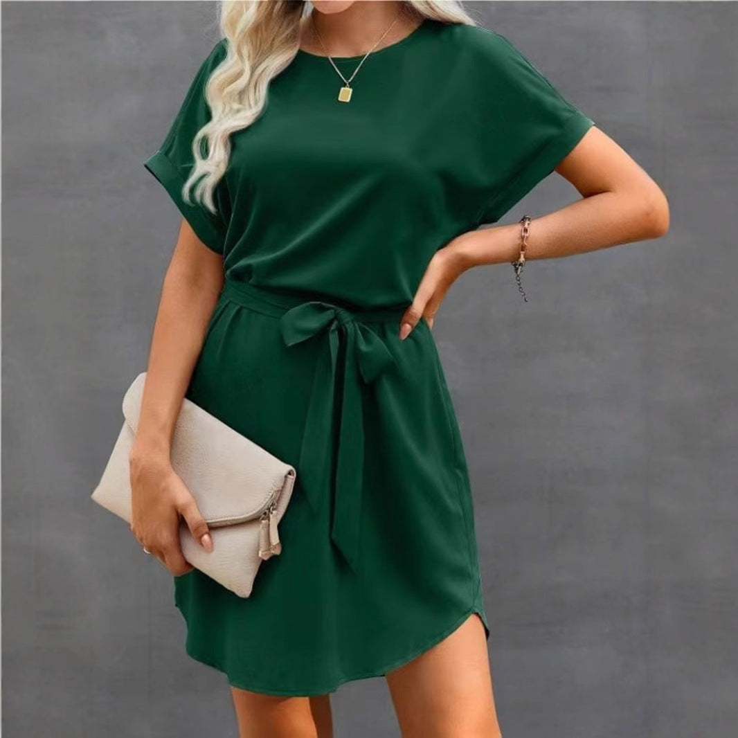 Lace-up Waist Short Sleeve Satin Dress