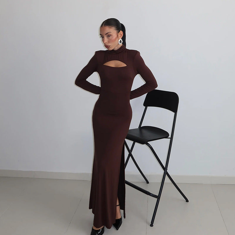 Temperament High Collar Long Sleeve Hollow Split Dress