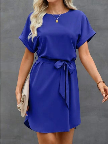 Lace-up Waist Short Sleeve Satin Dress