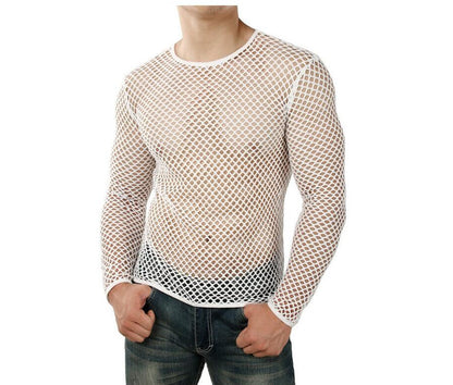 Men's Personality Coquettish Hollow Mesh Street Fashion Sheer Long Sleeve Shirt