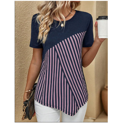 Women's Color Matching Striped Printed Short Sleeve Crew Neck Casual T-shirt