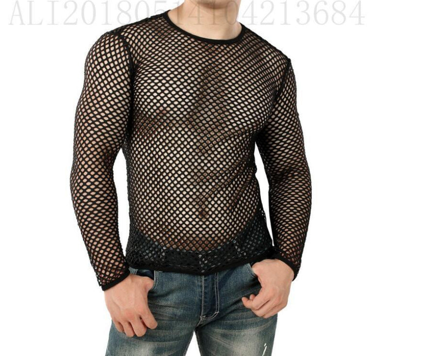 Men's Personality Coquettish Hollow Mesh Street Fashion Sheer Long Sleeve Shirt