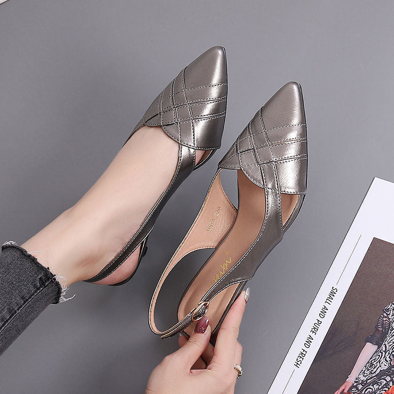 Leather Mid-heel Sandals Women New Summer New Style Pointed Toe Low Heel