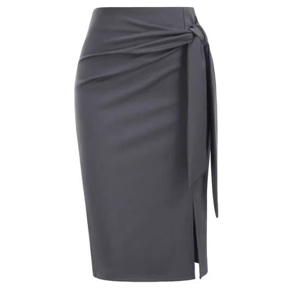 Solid Color High Waist Bow Knee-length Slit Skirt