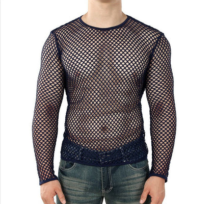 Men's Personality Coquettish Hollow Mesh Street Fashion Sheer Long Sleeve Shirt