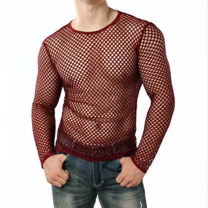 Men's Personality Coquettish Hollow Mesh Street Fashion Sheer Long Sleeve Shirt