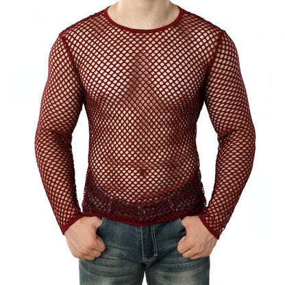 Men's Personality Coquettish Hollow Mesh Street Fashion Sheer Long Sleeve Shirt